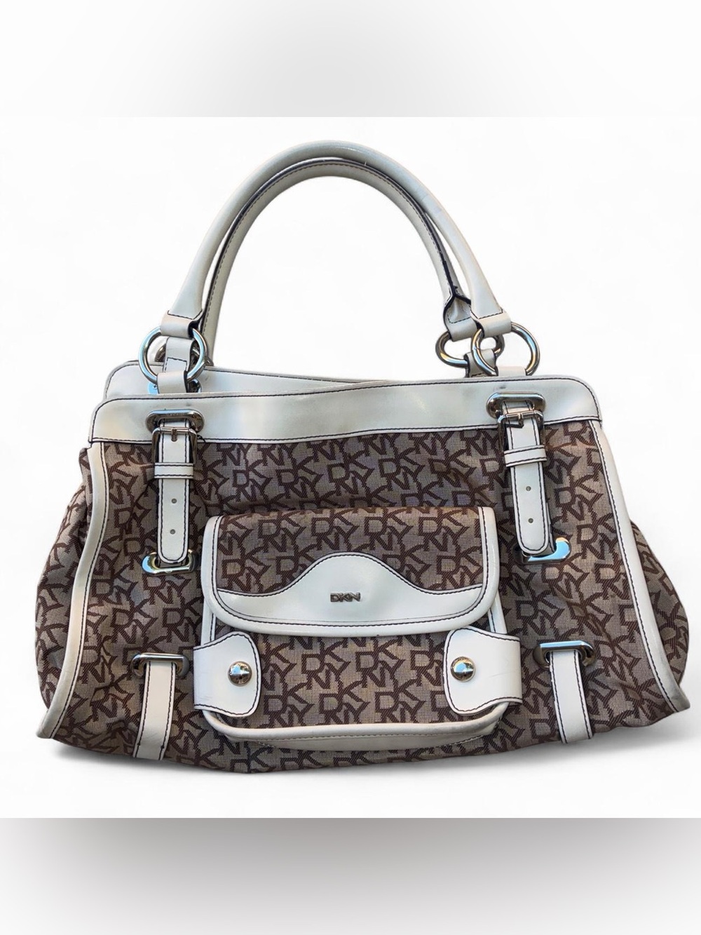 DKNY Brown Monogram Satchel with White Trim